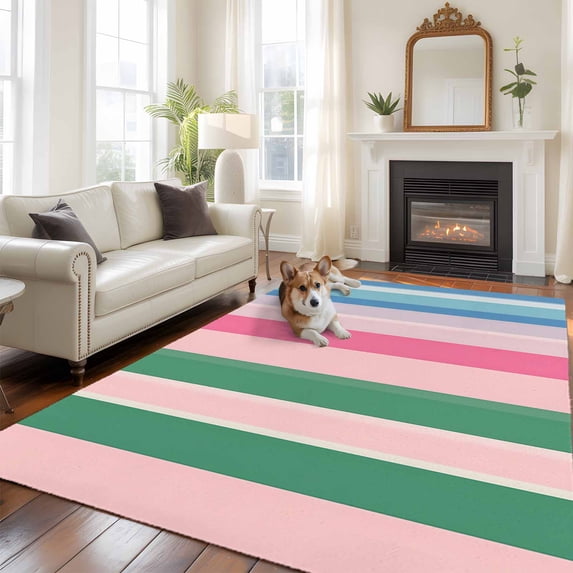 6'x9' Area Rugs, Pink Green Blue Stripe Indoor Outdoor Area Rug for Living Room Bedroom, Farmhouse Stripes Contemporary Washable Bathroom Rugs Kitchen Floor Carpet Mats Home Decor Aesthetic