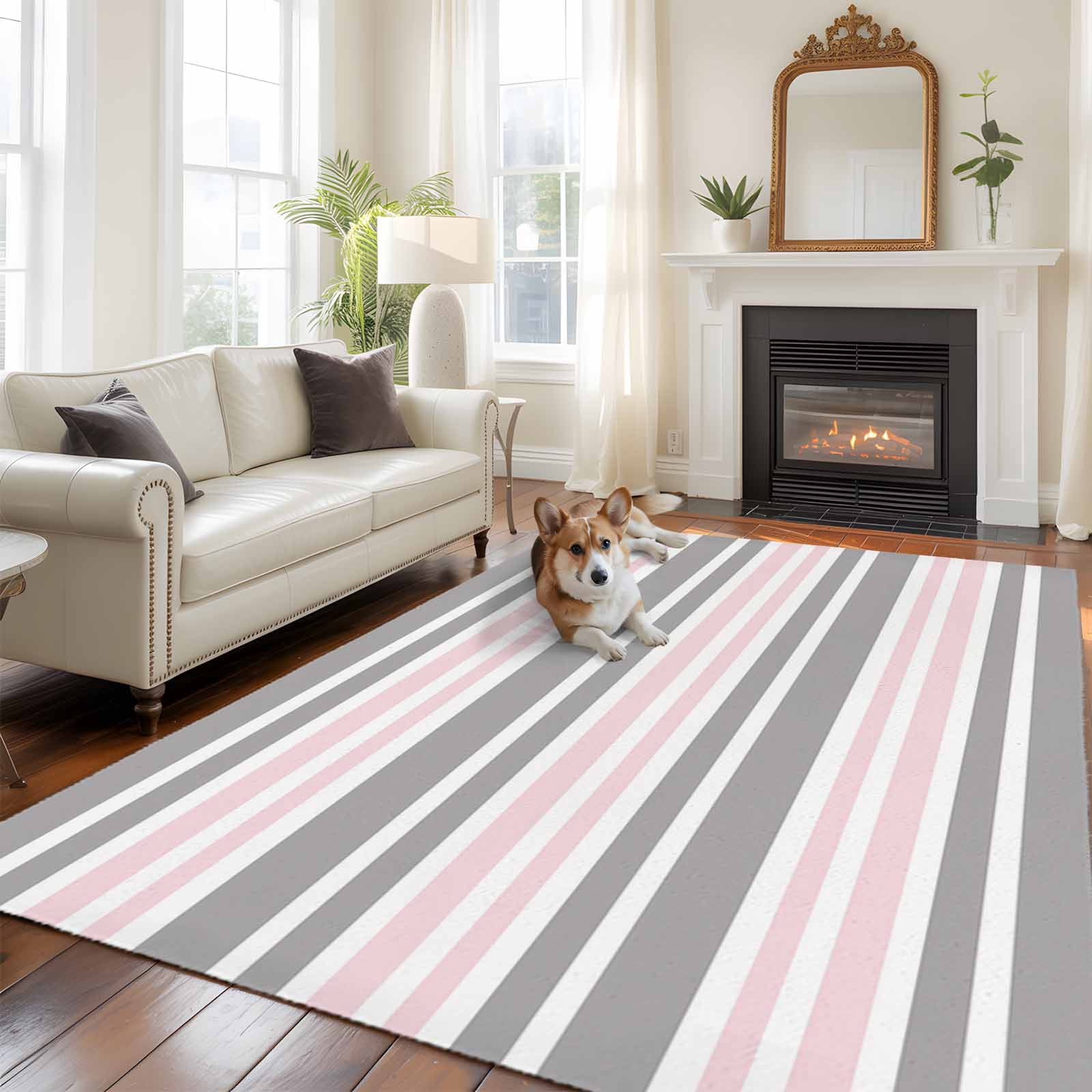 6'x9' Area Rugs, Pink Grey Striped Indoor Outdoor Area Rug for Living ...