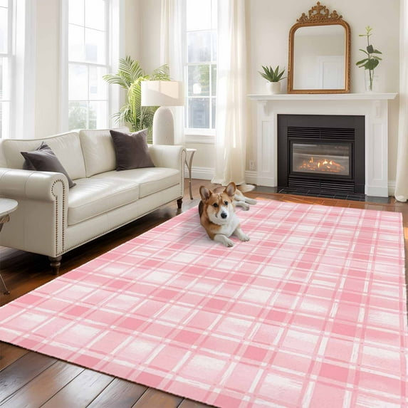 6'x9' Area Rugs, Pink Plaid Indoor Outdoor Area Rug for Living Room Bedroom, Modern Art Checkered Farmhouse Washable Bathroom Rugs Kitchen Floor Carpet Mats Home Decor Aesthetic
