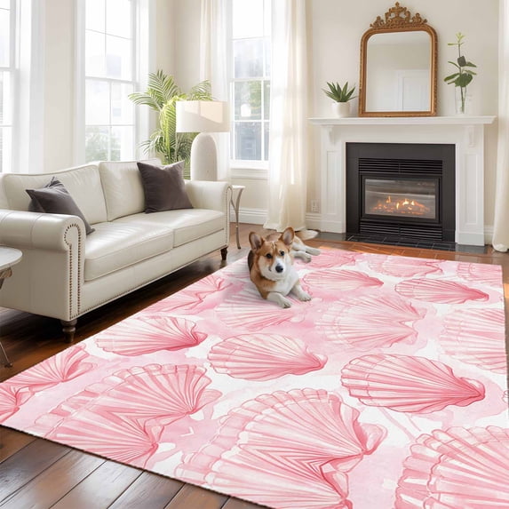 6'x9' Area Rugs, Pink Shell Coastal Indoor Outdoor Area Rug for Living Room Bedroom, Nautical Ocean Summer Beach Sea Washable Bathroom Rugs Kitchen Floor Carpet Mats Home Decor Aesthetic