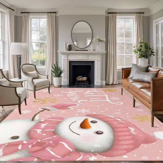 6'x9' Area Rugs, Pink Snowman Christmas Indoor Outdoor Area Rug for Living Room Bedroom, Xmas Winter Snowflake Let Snow Washable Bathroom Rugs Kitchen Floor Carpet Mats Home Decor Aesthetic