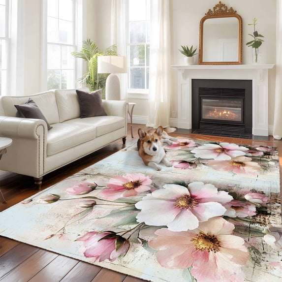 6'x9' Area Rugs, Pink Spring Floral Indoor Outdoor Area Rug for Living Room Bedroom, Vintage Botanical Retro Flowers Washable Bathroom Rugs Kitchen Floor Carpet Mats Home Decor Aesthetic