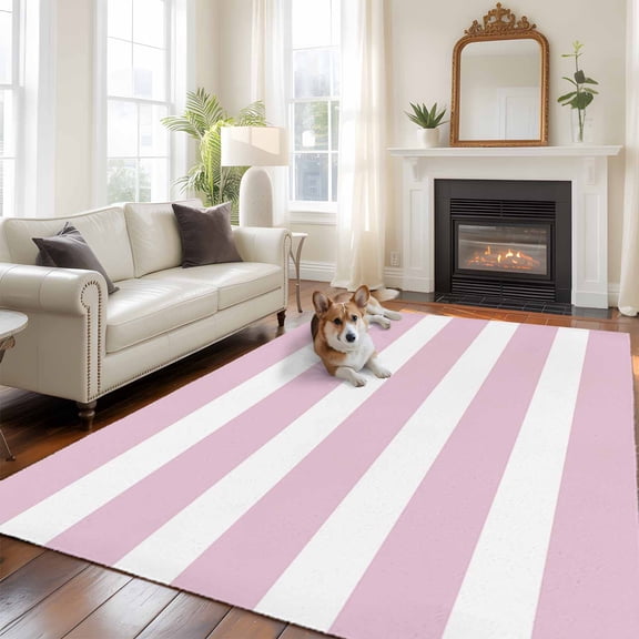 6'x9' Area Rugs, Pink Stripe Indoor Outdoor Area Rug for Living Room Bedroom, Modern Simple Geometric White Striped Washable Bathroom Rugs Kitchen Floor Carpet Mats Home Decor Aesthetic