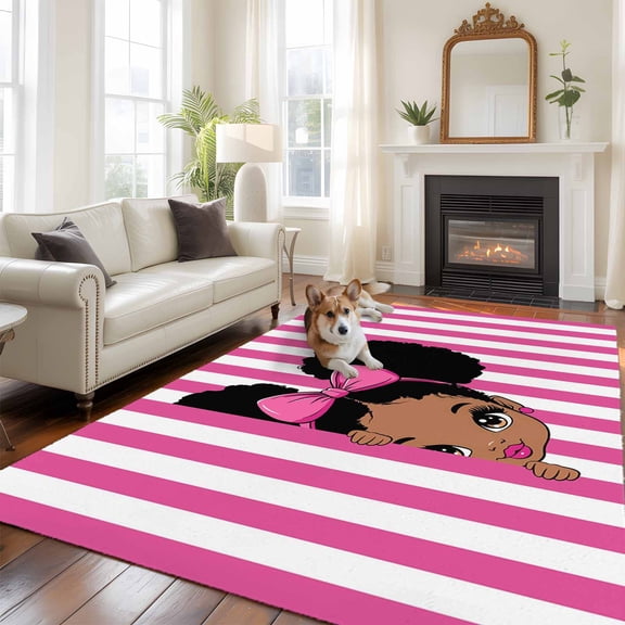 6'x9' Area Rugs, Pink Stripes Indoor Outdoor Area Rug for Living Room Bedroom, Cartoon Funny Bow Girl Vertical Striped Washable Bathroom Rugs Kitchen Floor Carpet Mats Home Decor Aesthetic