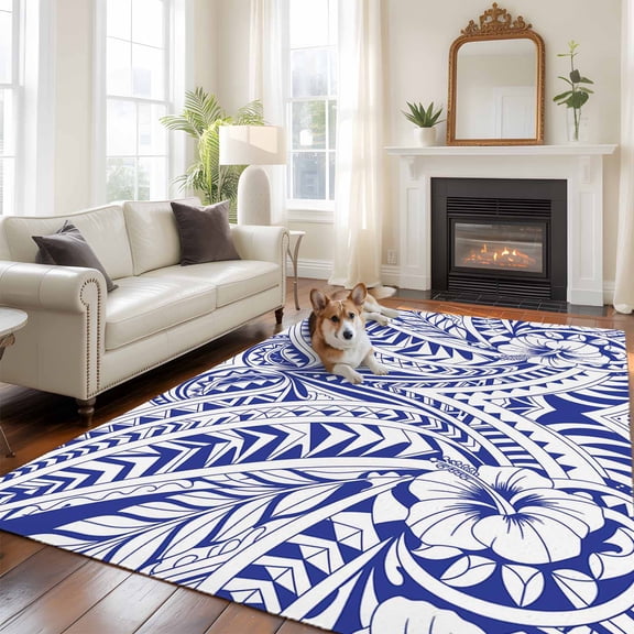 6'x9' Area Rugs, Polynesia Texture Indoor Outdoor Area Rug for Living Room Bedroom, Retro Traditional Tribe Floral Abstract Blue Washable Bathroom Rugs Kitchen Floor Carpet Mats Home Decor Aesthetic