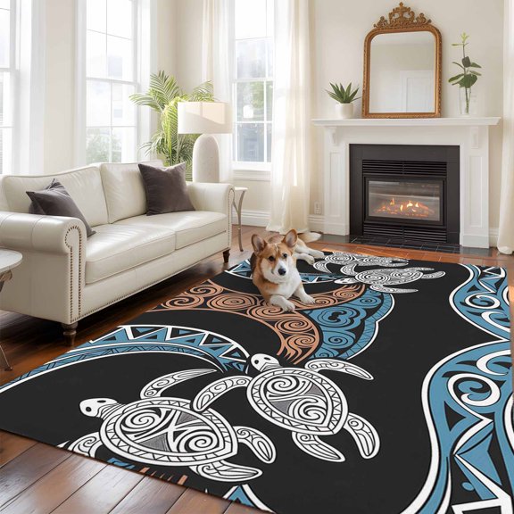 6'x9' Area Rugs, Polynesia Texture Indoor Outdoor Area Rug for Living Room Bedroom, Retro Traditional Tribe Turtle Abstract Washable Bathroom Rugs Kitchen Floor Carpet Mats Home Decor Aesthetic