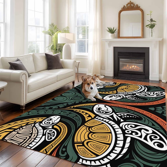 6'x9' Area Rugs, Polynesia Texture Indoor Outdoor Area Rug for Living Room Bedroom, Traditional Tribe Coastal Turtle Abstract Washable Bathroom Rugs Kitchen Floor Carpet Mats Home Decor Aesthetic