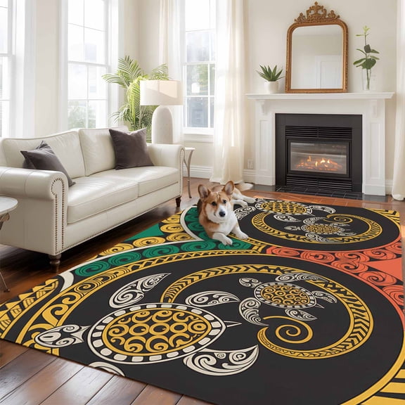 6'x9' Area Rugs, Polynesia Texture Indoor Outdoor Area Rug for Living Room Bedroom, Traditional Tribe Sea Turtle Abstract Art Washable Bathroom Rugs Kitchen Floor Carpet Mats Home Decor Aesthetic