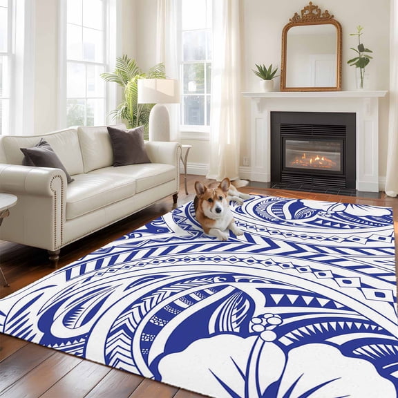 6'x9' Area Rugs, Polynesia Texture Indoor Outdoor Area Rug for Living Room Bedroom, Vintage Traditional Tribe Floral Abstract Art Blue Bathroom Rugs Kitchen Floor Carpet Mats Home Decor Aesthetic