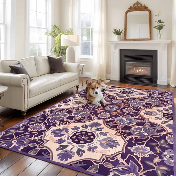 6'x9' Area Rugs, Purple Boho Indoor Outdoor Area Rug for Living Room Bedroom, Farmhouse Ethnic Abstract Floral Pattern Washable Bathroom Rugs Kitchen Floor Carpet Mats Home Decor Aesthetic