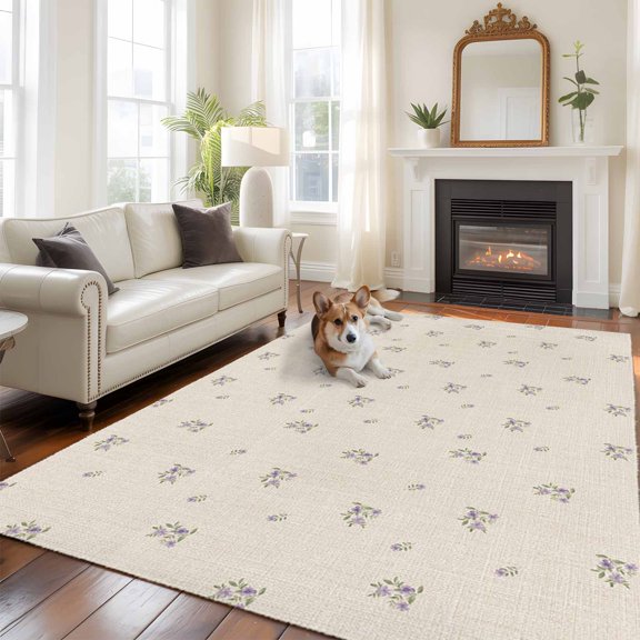 6'x9' Area Rugs, Purple Floral Indoor Outdoor Area Rug for Living Room Bedroom, Spring Summer Pastoral Botanical Burlap Washable Bathroom Rugs Kitchen Floor Carpet Mats Home Decor Aesthetic