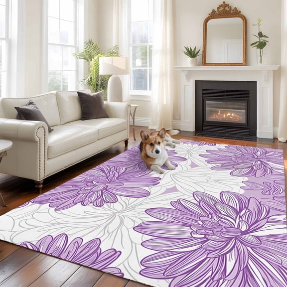 6'x9' Area Rugs, Purple Flowers Indoor Outdoor Area Rug for Living Room Bedroom, Modern Simple Spring Garden Florals Washable Bathroom Rugs Kitchen Floor Carpet Mats Home Decor Aesthetic