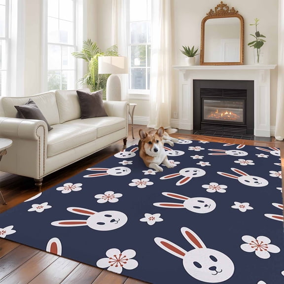6'x9' Area Rugs, Rabbit Floral Indoor Outdoor Area Rug for Living Room Bedroom, Cherry Blossom Japanese Style Navy Blue Washable Bathroom Rugs Kitchen Floor Carpet Mats Home Decor Aesthetic