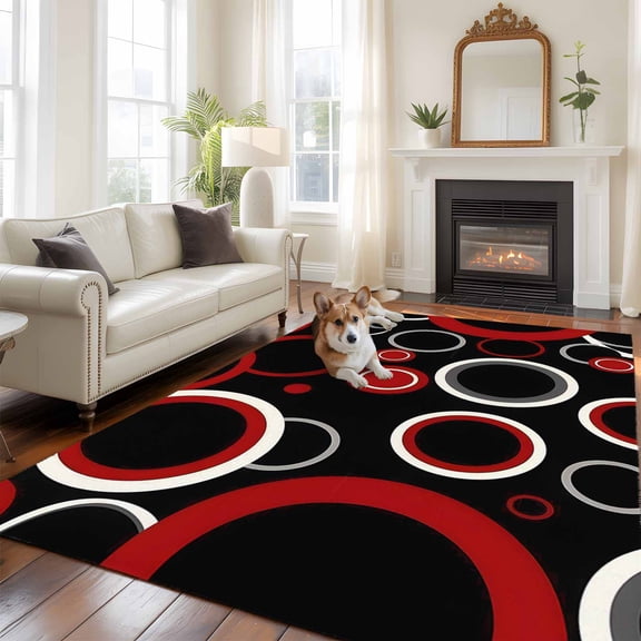6'x9' Area Rugs, Red Black Indoor Outdoor Area Rug for Living Room Bedroom, Abstract Modern Geometric White Grey Circle Washable Bathroom Rugs Kitchen Floor Carpet Mats Home Decor Aesthetic