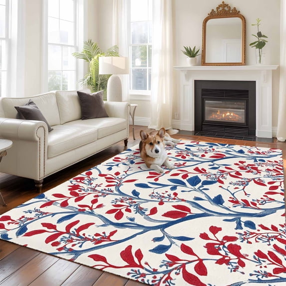 6'x9' Area Rugs, Red Blue Leaf Indoor Outdoor Area Rug for Living Room Bedroom, Summer Vintage Botanical Branch Washable Bathroom Rugs Kitchen Floor Carpet Mats Home Decor Aesthetic