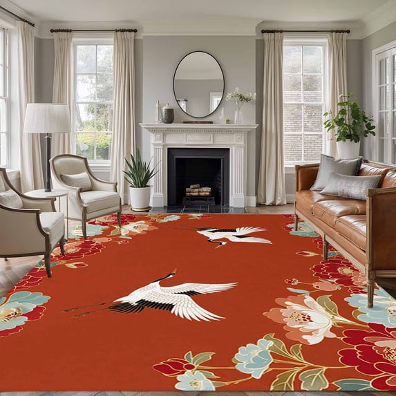 6'x9' Area Rugs, Red Crane Indoor Outdoor Area Rug for Living Room Bedroom, Vintage Red Teal Spring Floral Botanical Washable Bathroom Rugs Kitchen Floor Carpet Mats Home Decor Aesthetic