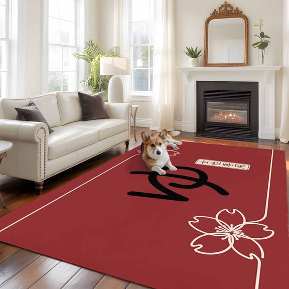 6'x9' Area Rugs, Red Japanese Retro Indoor Outdoor Area Rug for Living Room Bedroom, Harmony Cherry Blossoms Washable Bathroom Rugs Kitchen Floor Carpet Mats Home Decor Aesthetic