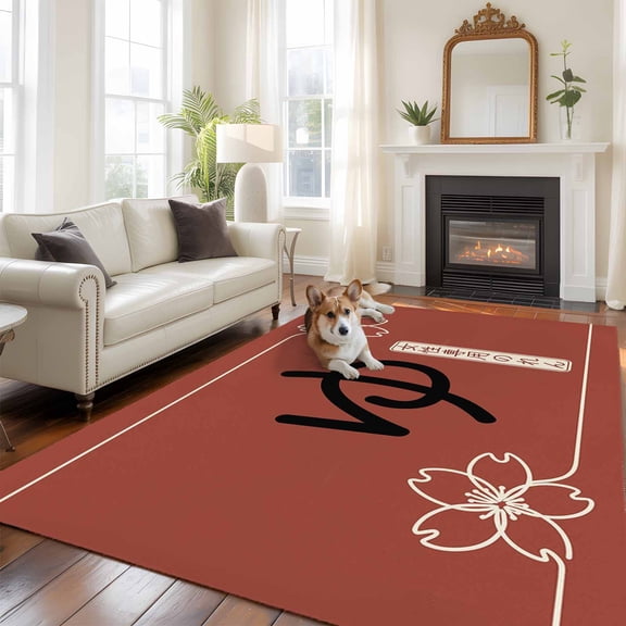 6'x9' Area Rugs, Red Japanese Women Indoor Outdoor Area Rug for Living Room Bedroom, Harmony Cherry Blossoms Washable Bathroom Rugs Kitchen Floor Carpet Mats Home Decor Aesthetic