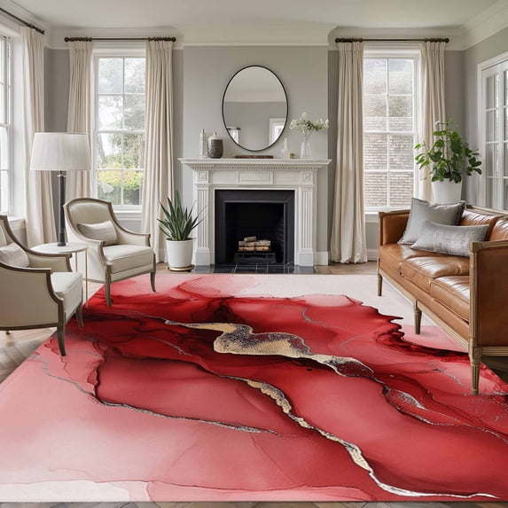 6'x9' Area Rugs, Red Marble Indoor Outdoor Area Rug for Living Room Bedroom, Modern Ombre Abstract Ink Painting Art Washable Bathroom Rugs Kitchen Floor Carpet Mats Home Decor Aesthetic