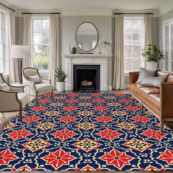6'x9' Area Rugs, Red Navy Blue Indoor Outdoor Area Rug for Living Room Bedroom, Morocco Modern Geometric Ethnic Art Washable Bathroom Rugs Kitchen Floor Carpet Mats Home Decor Aesthetic
