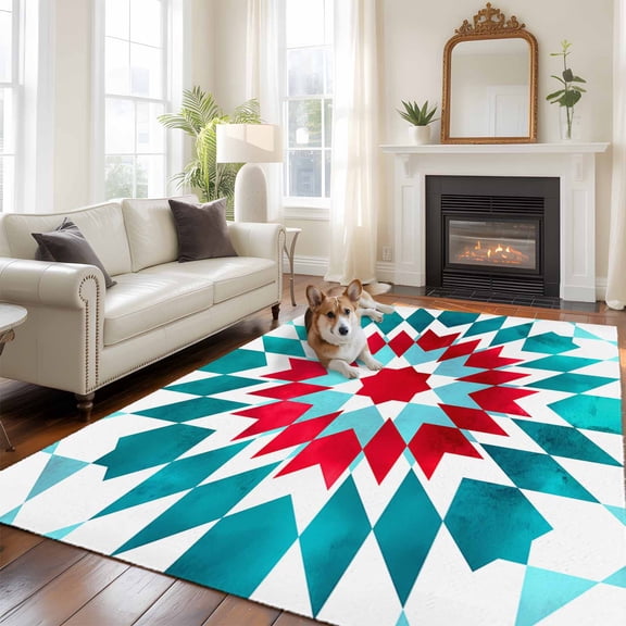 6'x9' Area Rugs, Red Turquoise Boho Indoor Outdoor Area Rug for Living Room Bedroom, Ethnic Tribal Aztec Abstract Geometric Washable Bathroom Rugs Kitchen Floor Carpet Mats Home Decor Aesthetic