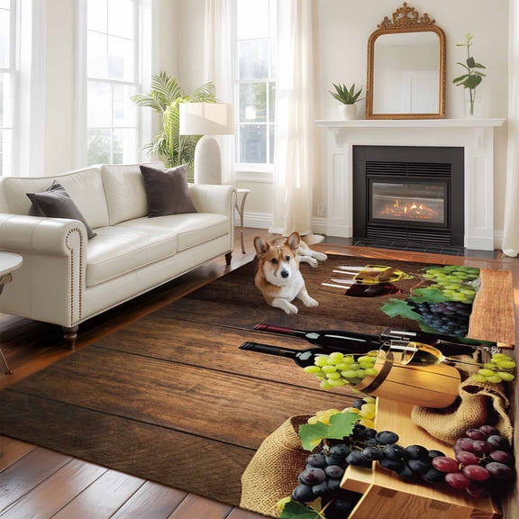 6'x9' Area Rugs, Red Wine Indoor Outdoor Area Rug for Living Room Bedroom, Grapes Glasses Country Wooden Farmhouse Washable Bathroom Rugs Kitchen Floor Carpet Mats Home Decor Aesthetic