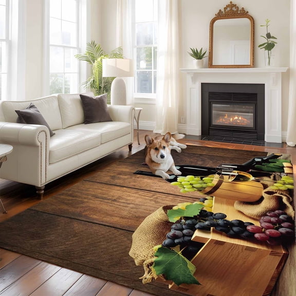 6'x9' Area Rugs, Red Wines Indoor Outdoor Area Rug for Living Room Bedroom, Champagne Grapes Galsses Country Wooden Plank Washable Bathroom Rugs Kitchen Floor Carpet Mats Home Decor Aesthetic