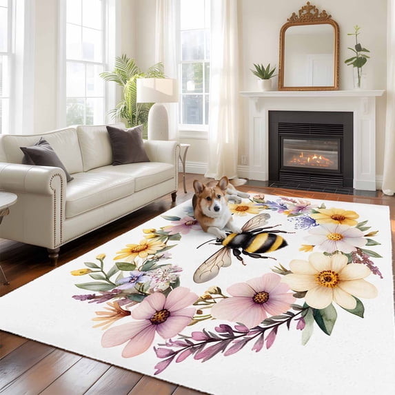 6'x9' Area Rugs, Rustic Bee Garland Indoor Outdoor Area Rug for Living Room Bedroom, Spring Floral Watercolor Washable Bathroom Rugs Kitchen Floor Carpet Mats Home Decor Aesthetic