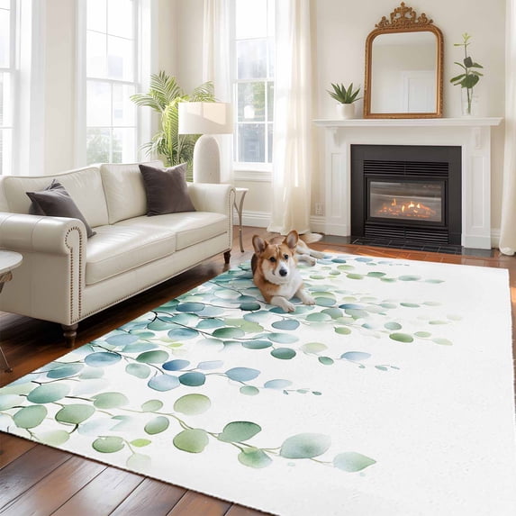 6'x9' Area Rugs, Sage Green Eucalyptus Indoor Outdoor Area Rug for Living Room Bedroom, Watercolor Botanical Leaves Washable Bathroom Rugs Kitchen Floor Carpet Mats Home Decor Aesthetic