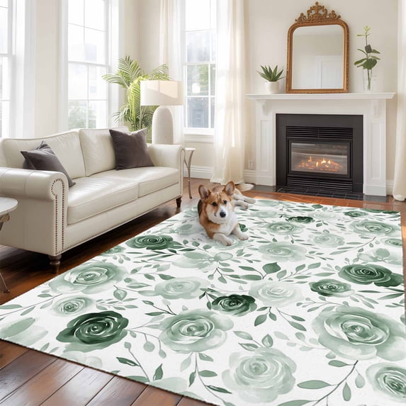6'x9' Area Rugs, Sage Green Flower Indoor Outdoor Area Rug for Living Room Bedroom, Vintage Rose Floral Botanical Leaf Washable Bathroom Rugs Kitchen Floor Carpet Mats Home Decor Aesthetic
