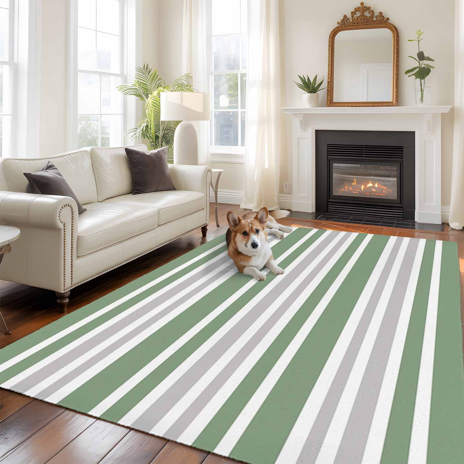 Horizontal Shape Rug 6'x9' Area Rugs, Sage Green Stripes Indoor Outdoor Area Rug for Living ...
