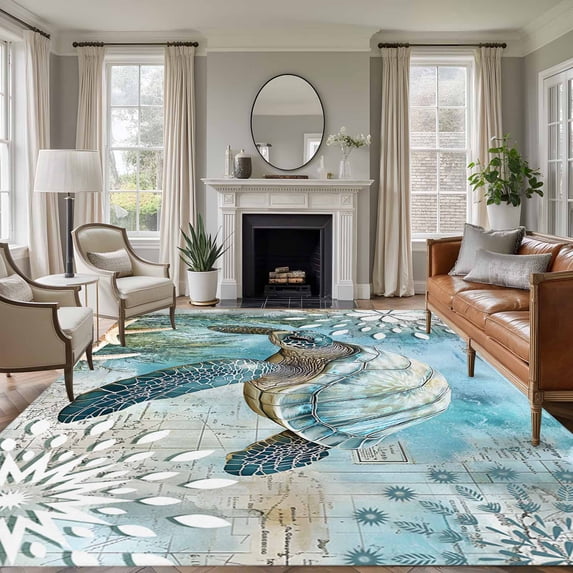 6'x9' Area Rugs, Sea Turtle Coastal Indoor Outdoor Area Rug for Living Room Bedroom, Summer Beach Teal Coral Starfish Washable Bathroom Rugs Kitchen Floor Carpet Mats Home Decor Aesthetic