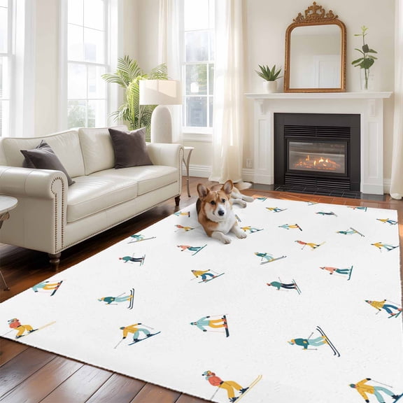 6'x9' Area Rugs, Skiing Indoor Outdoor Area Rug for Living Room Bedroom, Winter Snow Ski Sports Cartoon Boys Girls Skier Washable Bathroom Rugs Kitchen Floor Carpet Mats Home Decor Aesthetic