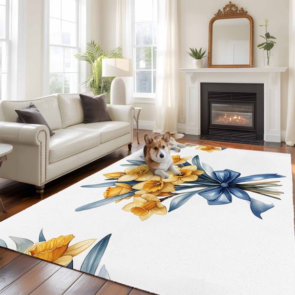 6'x9' Area Rugs, Spring Botanical Indoor Outdoor Area Rug for Living Room Bedroom, Yellow Verdant Flower Patterns Washable Bathroom Rugs Kitchen Floor Carpet Mats Home Decor Aesthetic