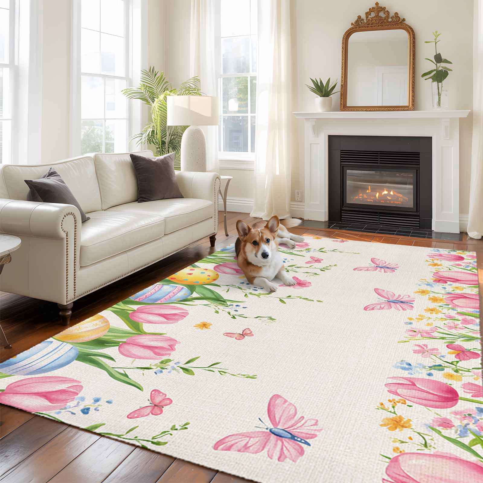 Pink Easter Rug 6'x9' Area Rugs, Spring Floral Easter Indoor Outdoor Area Rug for ...