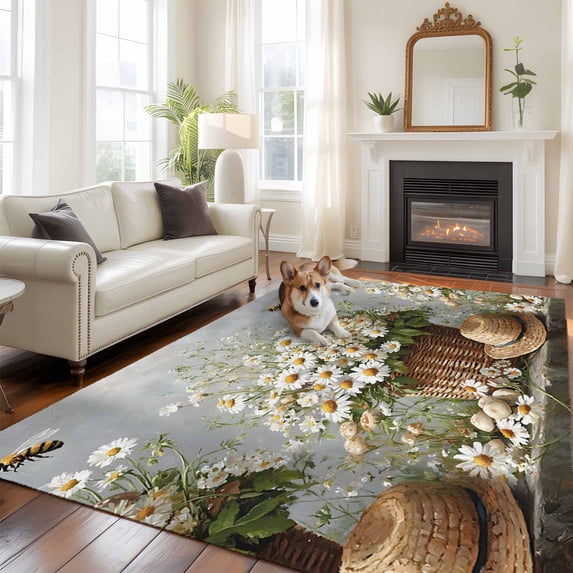 6'x9' Area Rugs, Spring Floral Indoor Outdoor Area Rug for Living Room Bedroom, Summer Flowers Pastoral Bee Washable Bathroom Rugs Kitchen Floor Carpet Mats Home Decor Aesthetic