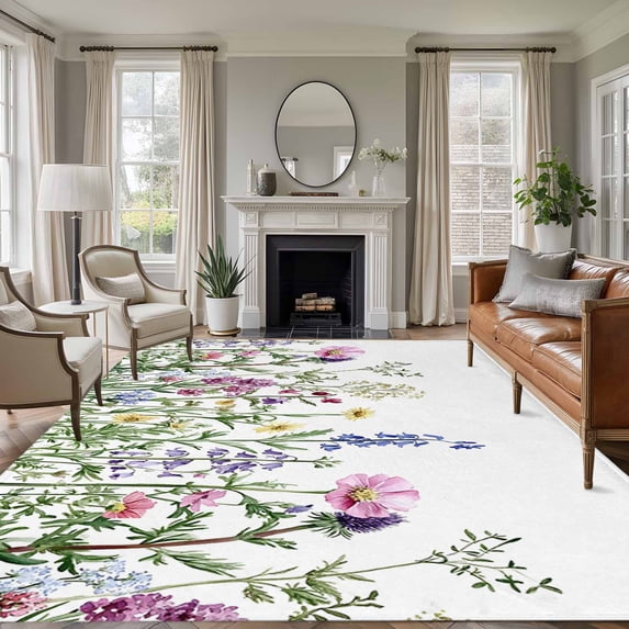 6'x9' Area Rugs, Spring Floral Indoor Outdoor Area Rug for Living Room Bedroom, Summer Vintage Botanical Flowers Herb Washable Bathroom Rugs Kitchen Floor Carpet Mats Home Decor Aesthetic