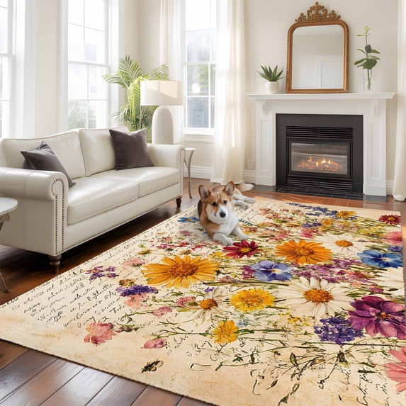 6'x9' Area Rugs, Spring Floral Indoor Outdoor Area Rug for Living Room Bedroom, Vintage Summer Botanical Flowers Washable Bathroom Rugs Kitchen Floor Carpet Mats Home Decor Aesthetic