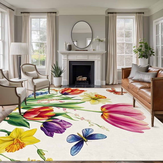6'x9' Area Rugs, Spring Floral Indoor Outdoor Area Rug for Living Room Bedroom, Vintage Tulip Butterfly Botanical Summer Washable Bathroom Rugs Kitchen Floor Carpet Mats Home Decor Aesthetic