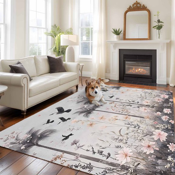 6'x9' Area Rugs, Spring Floral Indoor Outdoor Area Rug for Living Room Bedroom, Watercolor Birds Palm Tree Botanical Washable Bathroom Rugs Kitchen Floor Carpet Mats Home Decor Aesthetic
