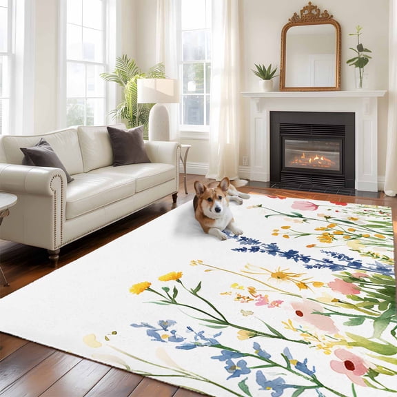 6'x9' Area Rugs, Spring Flowers Indoor Outdoor Area Rug for Living Room Bedroom, Simple Botanical Wildflowers Herbs Washable Bathroom Rugs Kitchen Floor Carpet Mats Home Decor Aesthetic