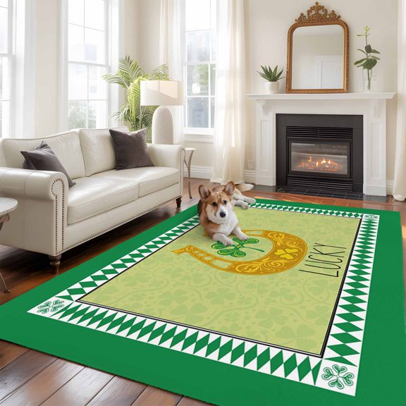 6'x9' Area Rugs, St. Patrick's Day Indoor Outdoor Area Rug for Living Room Bedroom, Lucky Shamrocks Golden Horseshoe Green Washable Bathroom Rugs Kitchen Floor Carpet Mats Home Decor Aesthetic