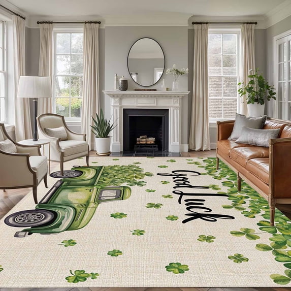 6'x9' Area Rugs, St Patrick's Day Shamrock Indoor Outdoor Area Rug for Living Room Bedroom, Green Truck Lucky Four Leaf Beige Washable Bathroom Rugs Kitchen Floor Carpet Mats Home Decor Aesthetic