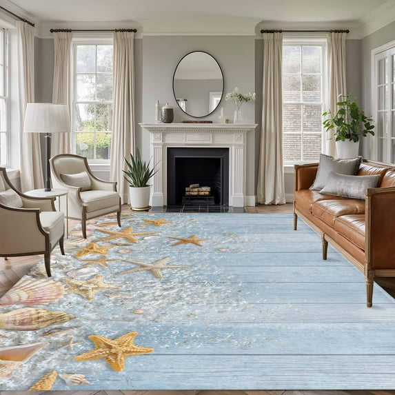 6'x9' Area Rugs, Starfish Summer Beach Indoor Outdoor Area Rug for Living Room Bedroom, Coastal Ocean Wooden Sea Shell Washable Bathroom Rugs Kitchen Floor Carpet Mats Home Decor Aesthetic