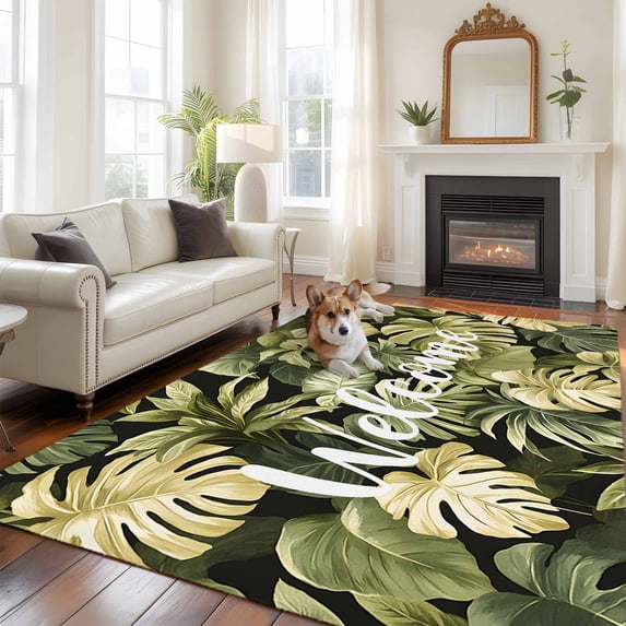 6'x9' Area Rugs, Summer Green Leaf Indoor Outdoor Area Rug for Living Room Bedroom, Botanical Watercolor Tropical Plants Washable Bathroom Rugs Kitchen Floor Carpet Mats Home Decor Aesthetic