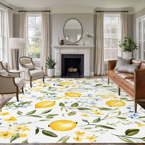 6'x9' Area Rugs, Summer Lemon Indoor Outdoor Area Rug for Living Room Bedroom, Yellow Botanical Spring Floral Washable Bathroom Rugs Kitchen Floor Carpet Mats Home Decor Aesthetic