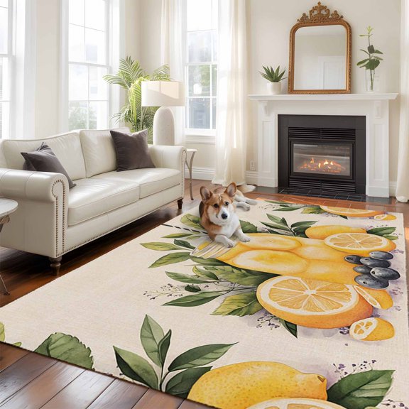 6'x9' Area Rugs, Summer Lemon Indoor Outdoor Area Rug for Living Room Bedroom, Yellow Fruits Grape Green Leaf Vase Washable Bathroom Rugs Kitchen Floor Carpet Mats Home Decor Aesthetic