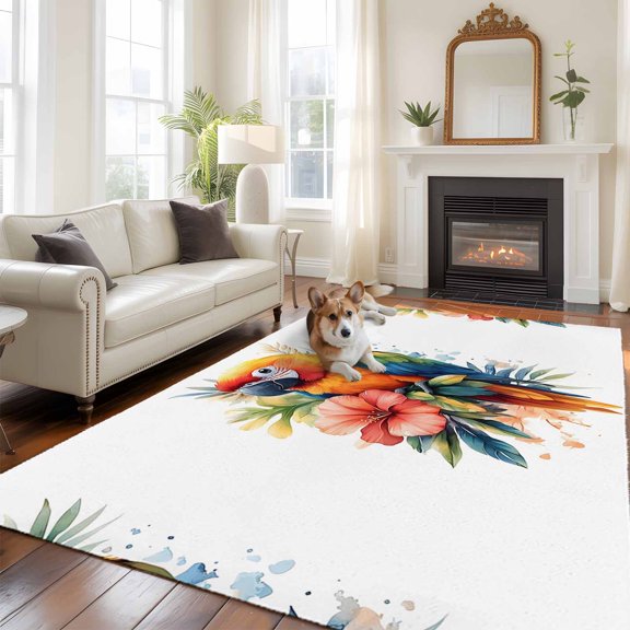 6'x9' Area Rugs, Summer Parrot Indoor Outdoor Area Rug for Living Room Bedroom, Spring Verdant Flower Patterns Washable Bathroom Rugs Kitchen Floor Carpet Mats Home Decor Aesthetic