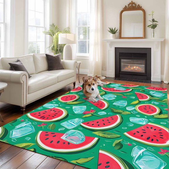 6'x9' Area Rugs, Summer Watermelon Indoor Outdoor Area Rug for Living Room Bedroom, Green Tropical Ice Cubes Cartoon Washable Bathroom Rugs Kitchen Floor Carpet Mats Home Decor Aesthetic