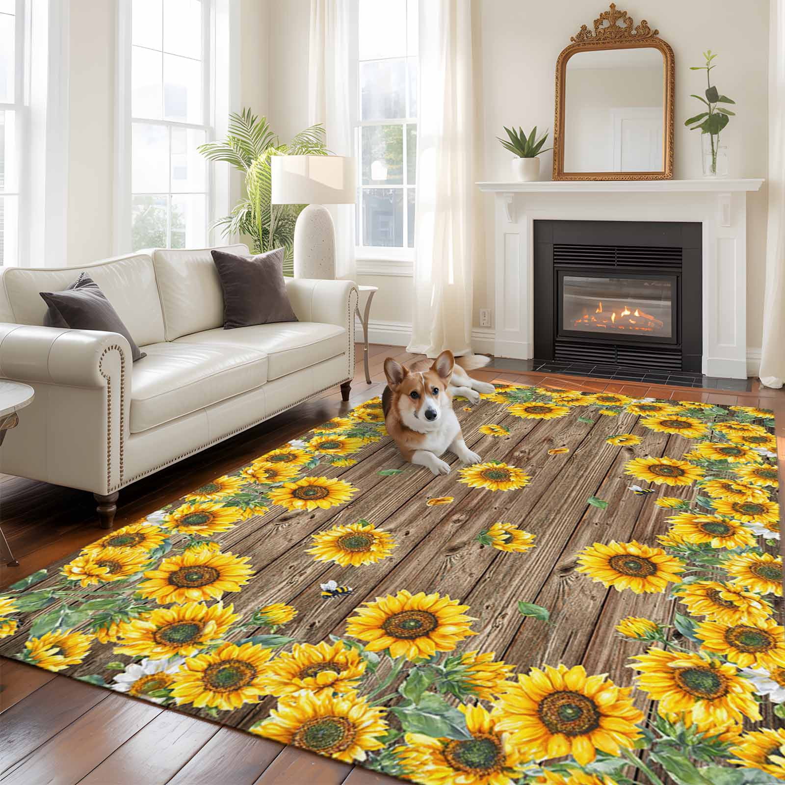 6'x9' Area Rugs, Sunflower Indoor Outdoor Area Rug for Living Room Bedroom, Brown Wood Grain Rustic Farmhouse Bee Washable Bathroom Rugs Kitchen Floor Carpet Mats Home Decor Aesthetic